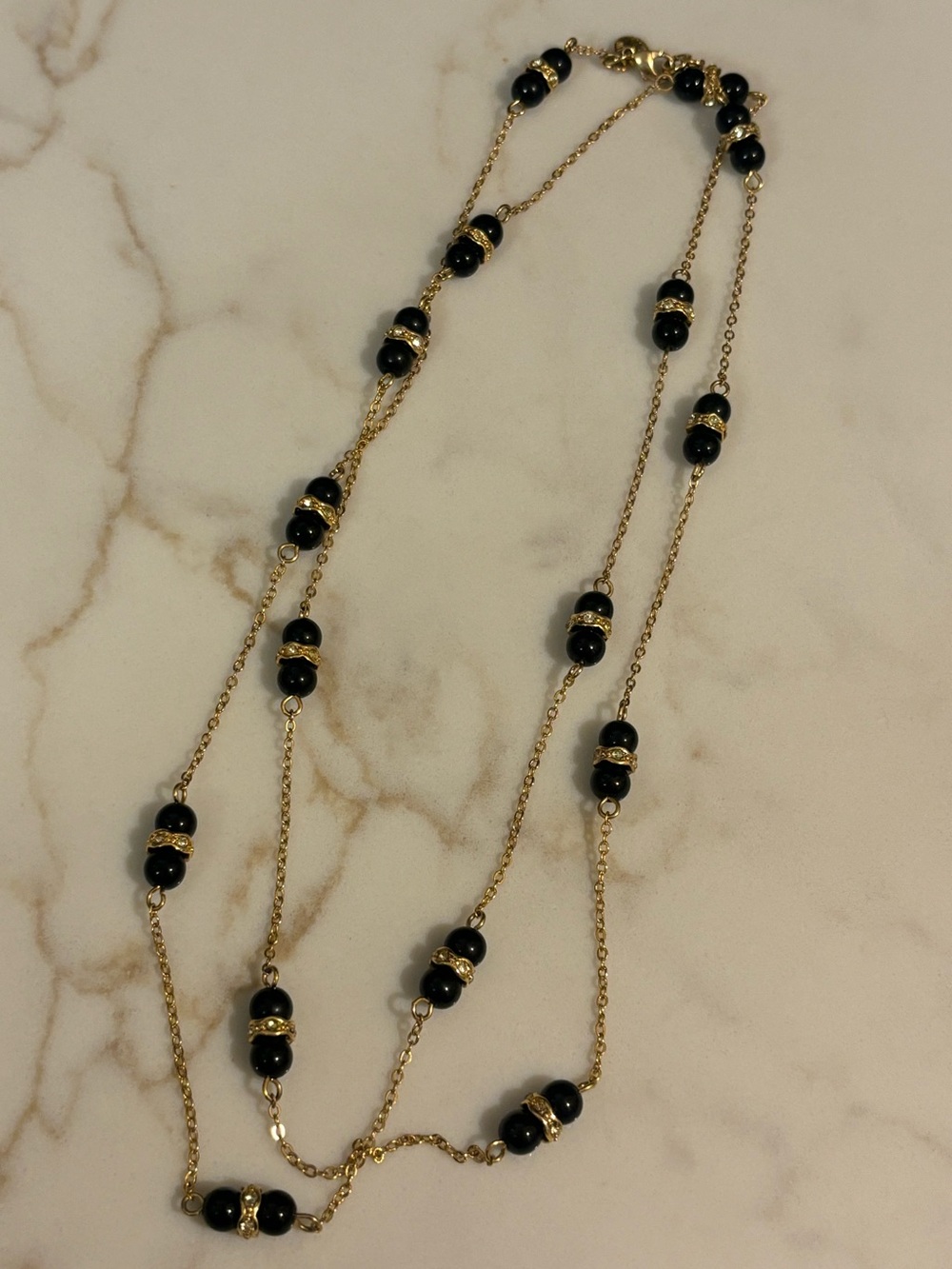 J Crew Long Gold Chain Necklace with Black Bead Accents